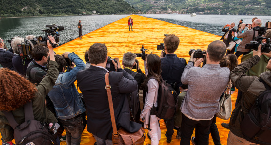 Christo in a scene from <i>Walking on Water</i>, courtesy Kino Lorber