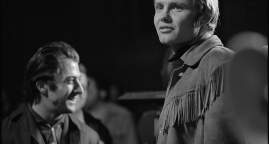 Jon Voight and Dustin Hoffman on the set of MIDNIGHT COWBOY. Photo by Michael Childers.